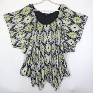 Style & Co Tunic Embellished Bat Wing Babydoll Stretch Women L Green Tan Black